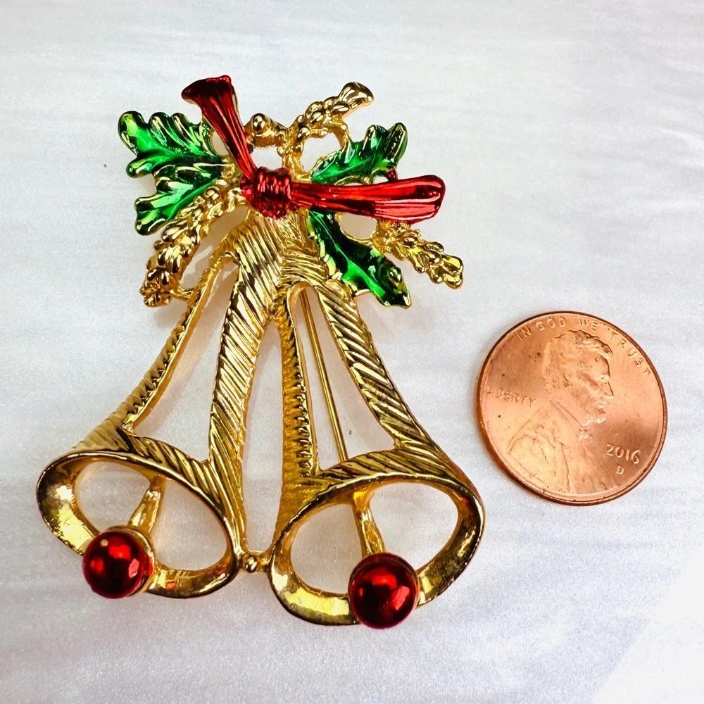 Vintage Christmas Double Bells Brooch Red Green Holly Bow Holiday Pin